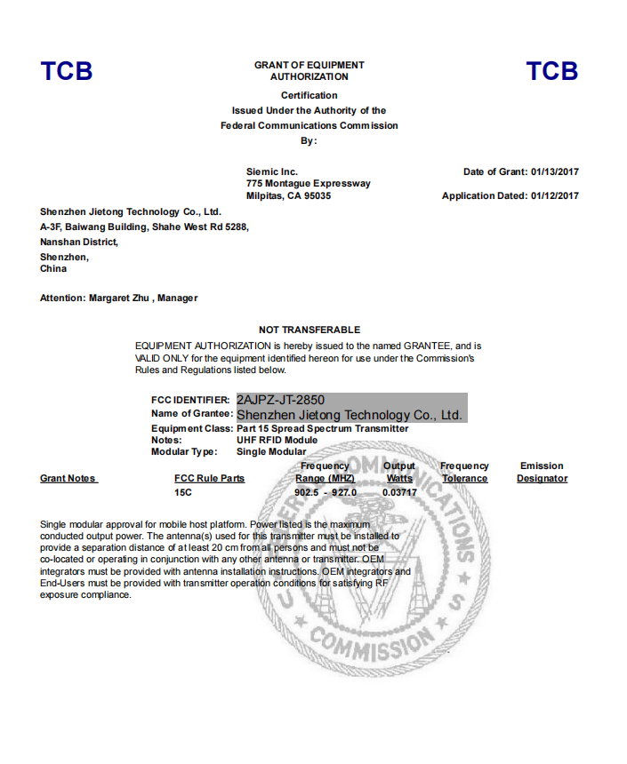 JT-2850 FCC Certificate